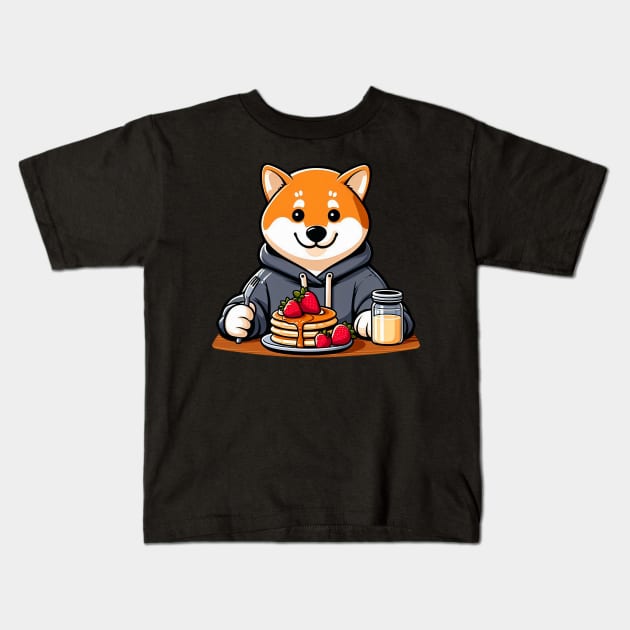 Shiba Inu Loves Strawberry Pancakes Kids T-Shirt by Plushism